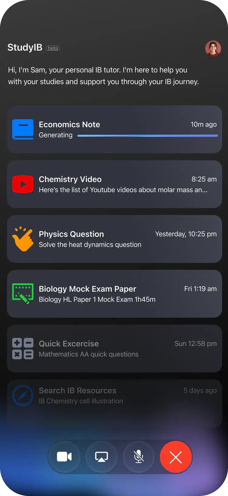 The StudyIB app showing Sam's home screen